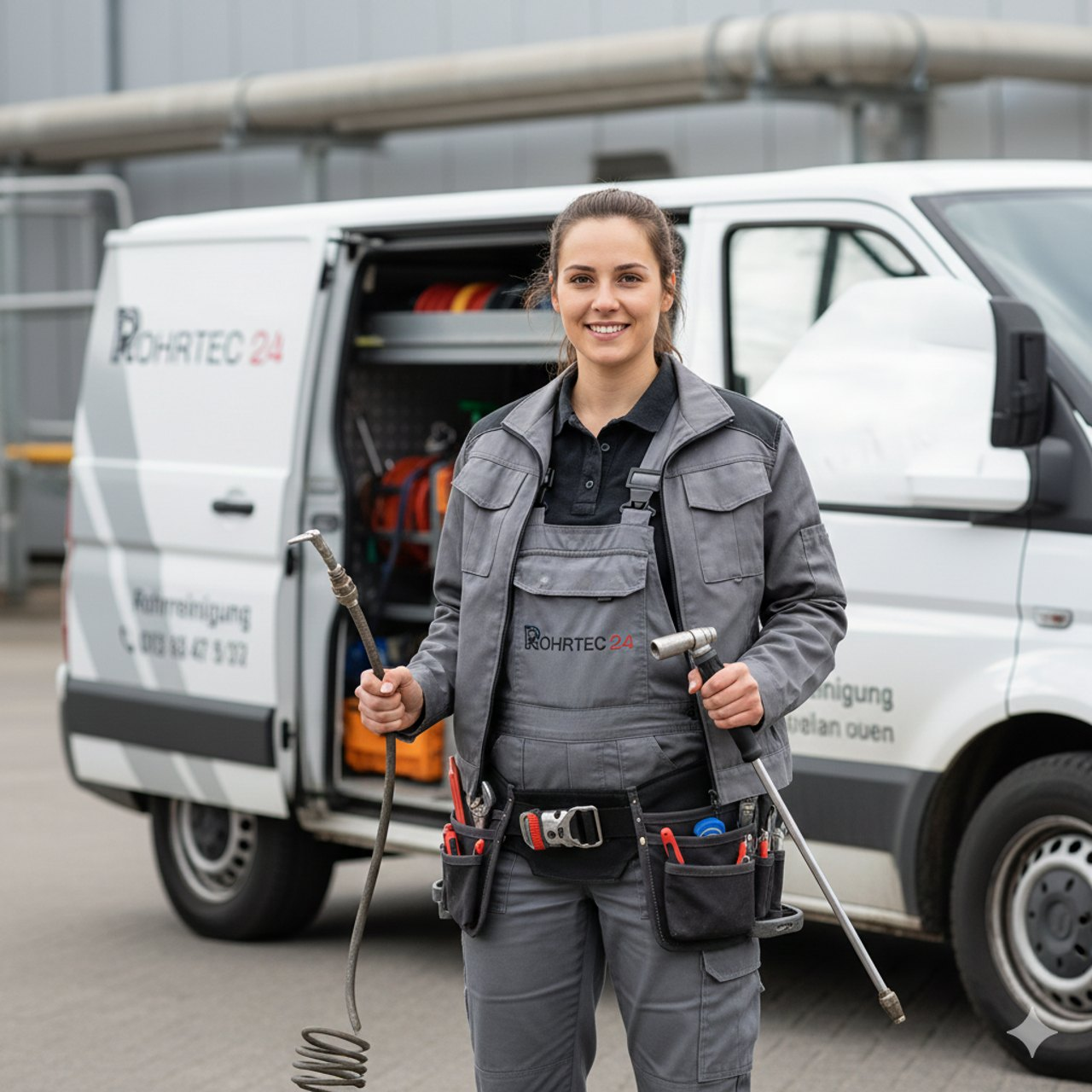 RohrTec 24 Technikerin am Einsatzfahrzeug in Frankfurt